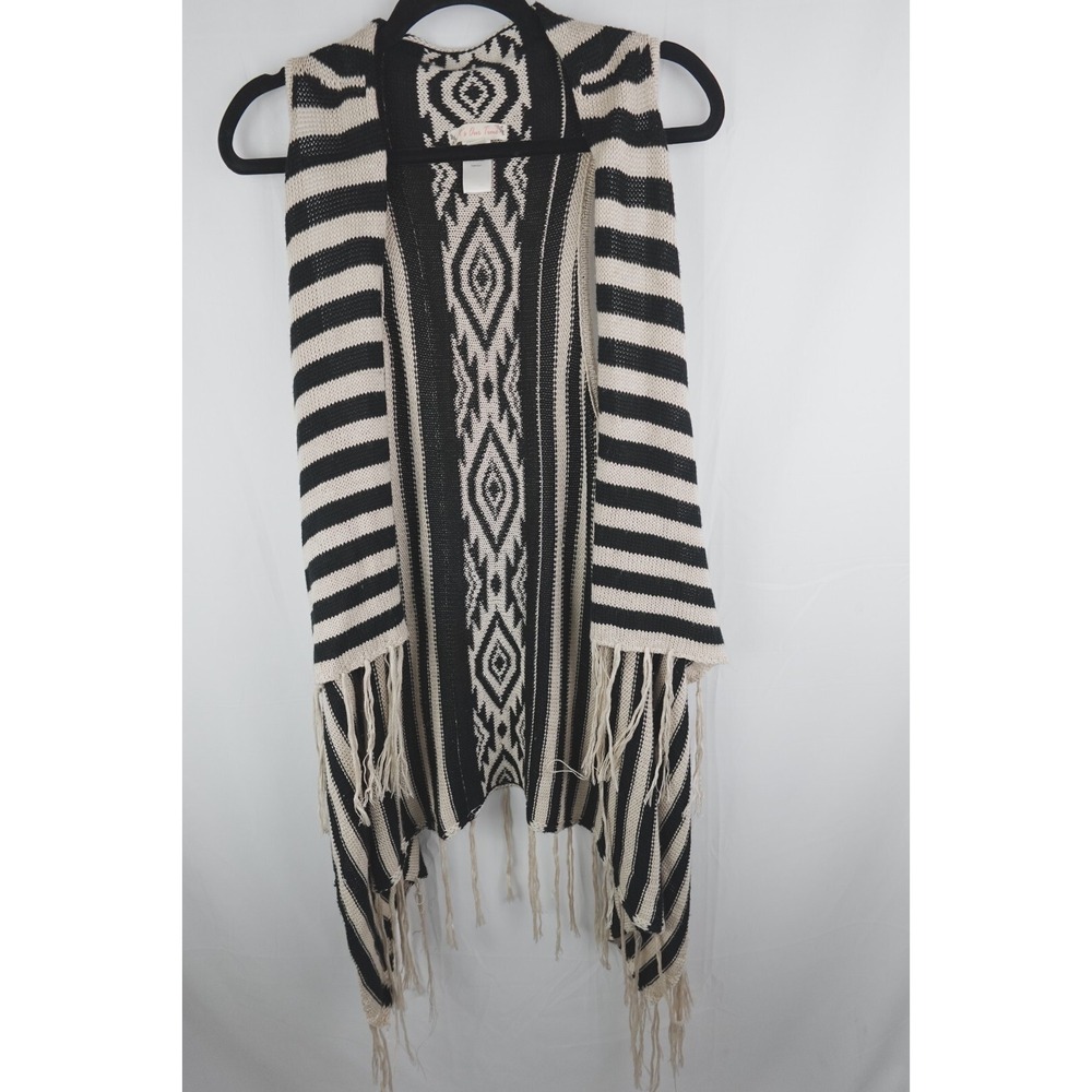 It's Our Time S Aztec Fringe Knit‎ Drape Vest Black Ivory Boho Festival